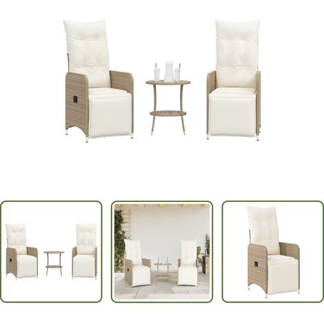 Gartentisch - Gartensessel 2 Stk. Verstellbar mit Tisch Beige Poly Rattan (1/5)