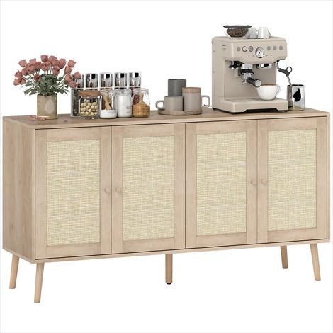 Buffet en panneau de particules effet bois naturel avec portes cannage et étagères réglables, style bohème 140x40x75 cm (1/5)