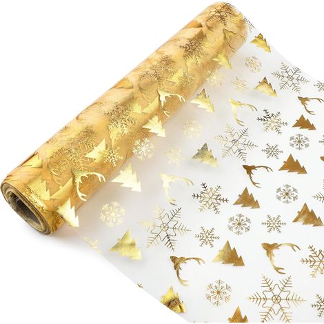Goldener Tischläufer 28 cm x 2,75 m, glänzender Goldtüll, mit metallisch-goldenem Blattgold verziert, ideal für Hochzeiten, Partys, Geburtstage und Weihnachten. (1/5)