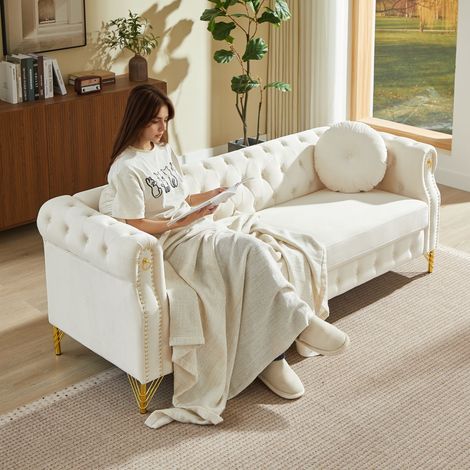 Canapé Droit 2 Places avec Dossier Capitonné, 2 Coussins Ronds Amovibles, Assise à Ressorts, Clous et Pieds Métalliques Dorés, Velours - Beige (1/5)