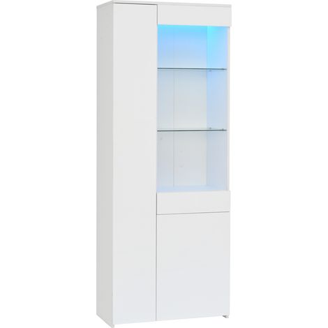 Hohe weiße Vitrine 70 x 35 x 180 cm mit Schublade, LED-Beleuchtung und Glastüren aus Hartglas (1/5)