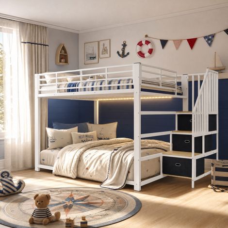Letto a castello 140x200 cm in metallo e MDF bianco noce, scala contenitore LED e USB - CHICFURN (1/5)