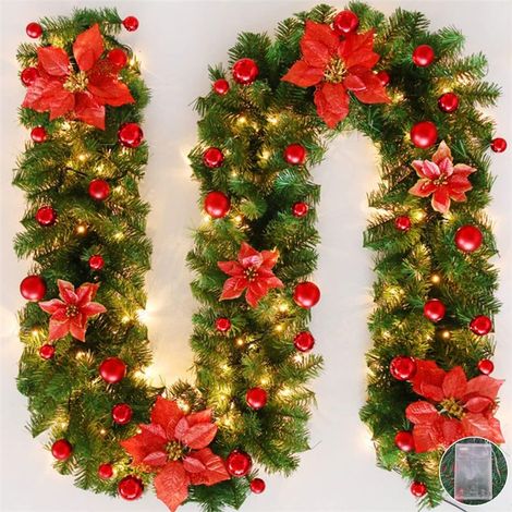 Guirlande Noël LED Rotin 2,7m Piles Déco Cheminée Escalier Sapin Fête Intérieur Rouge (1/5)