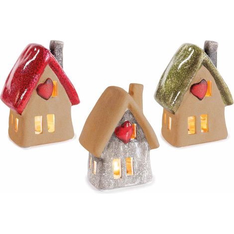 Casette autunnali decorative in terracotta con dettagli lucidi, cuoricino e luci LED, set da 3 pezzi, cm 12 x 9 x 16 H