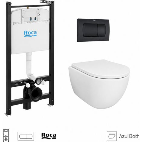 Pack WC Bastidor empotrado ROCA Active cisterna empotrada y pulsador PVC negro mate con inodoro suspendido SWISS 53 cm Tornado y Soft-Close de Azul Bath (1/5)