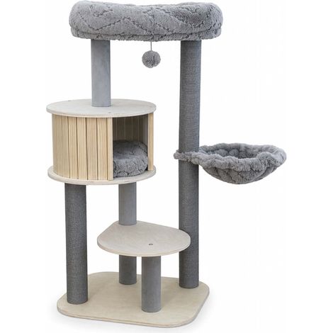 Fudajo Urban Studio 122 cm Kratzbaum grau, Katzenbaum mit Katzenhaus, Hängeliege, Katzenbett und Papierseil-Kratzstämmen (1/5)