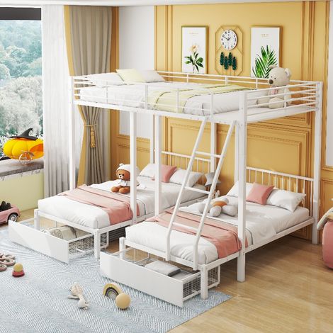 Dreifaches Etagenbett aus Metall mit 2 Schubladen, teilbar in 1 Doppelbett (140x200 cm) und 2 Einzelbetten (90x200 cm), platzsparendes Stockbett Weiß (1/5)