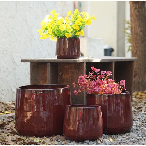 4er-Set Keramik-Blumentöpfe Ø33/26/20/15 cm glänzend Rot für Balkon – MEUBLIV (1/5)