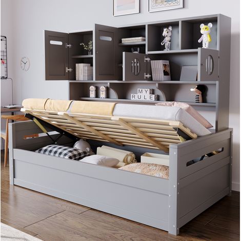 lit chambre rangement hydraulique 90x200 bois gris MDF OKMYHOME (1/5)