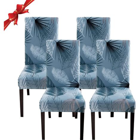 Fundas elásticas para sillas de comedor (4 piezas), lavables y universales, con diseño de hojas azules. (1/5)
