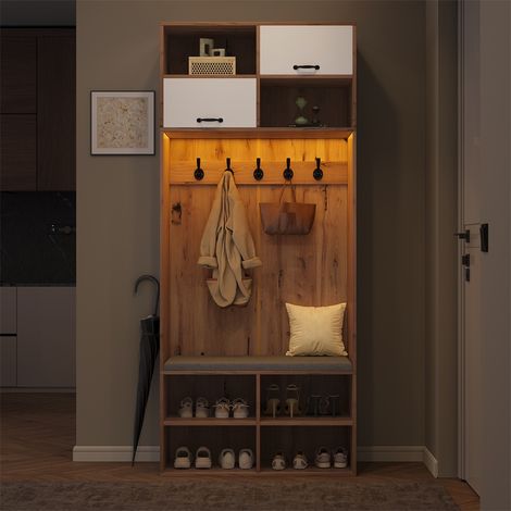 Guardaroba da ingresso con LED 80x35x185 cm - Appendiabiti con 5 ganci, panca imbottita e 6 vani portaoggetti - Bianco e naturale (1/5)