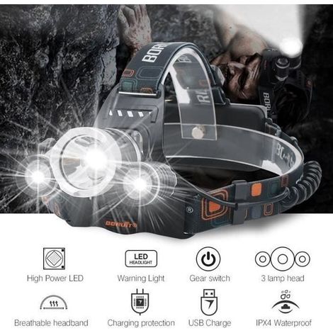 eTakin Lampe Torche Frontale Ampoules LED avec 2pcs 18650 Batteries et USB Câble ET385 (1/4)