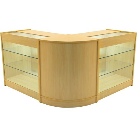 Set Mostradores Comerciales "HELIOS" Arce 2xK900+1xCM60 MDF y vidrio templado Estantes y puertas corredizas con cerradura Fácil Montaje Mostrador Recepción Expositor Comercial Mesa