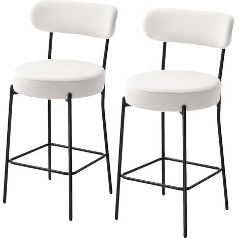 Lot de 2 tabourets de bar en tissu bouclette, chaises de bar avec dossier courbé, repose-pieds, 49x52x95cm, crème (1/5)