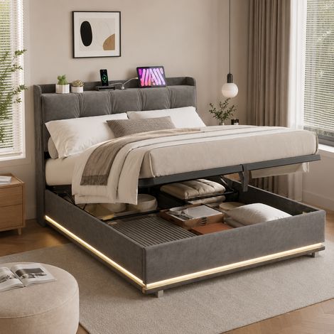 Lit coffre 140x190 cm avec LED et port USB, lit double hydraulique avec tête de lit rembourrée, cadre de lit avec sommier à lattes, velours, gris (1/5)