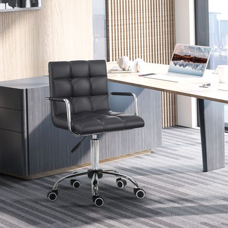 Sedia da Ufficio Ergonomica in pelle PU Nero, Sedia da Studio con 5 Ruote Girevoli, Imbottitura e Altezza Regolabile, 52.5x54x84-99cm (1/5)