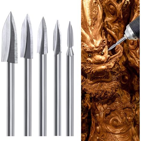 Outils de Sculpture sur Bois, 5 PCS Ensemble de Mèches de Gravure HSS, Outil de Meulage pour l'Artisanat du Bois, Travail du bois, Tige 1/8", Adaptation Universelle pour Outils Rotatifs (1/5)