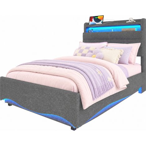 Letto imbottito 90 x 200 cm con LED, contenitore idraulico, porte USB e Type-C, vano portaoggetti e ripiano, tessuto grigio per camera da letto CHICFURN (1/5)