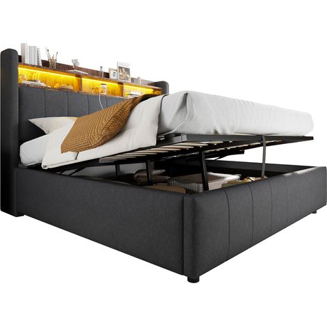 Letto Matrimoniale Contenitore 160 x 200 cm Grigio con LED, USB, Type-C e Ripiani (1/5)
