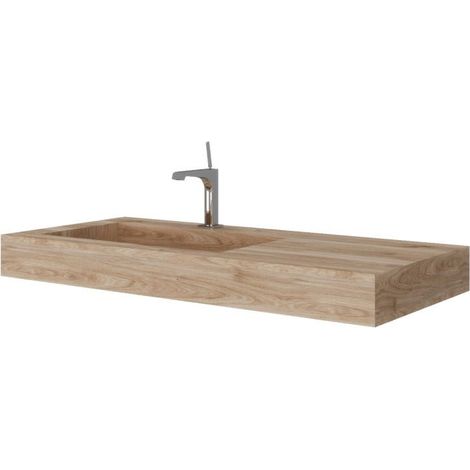Kiamami Valentina – Lavabo suspendu HPL 100 cm – Vasque décentrée gauche – Chêne miel effet bois – Résistant à l'eau et à la vapeur – Installation murale