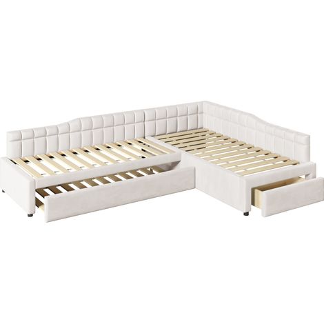 Letto imbottito a L 90x200 con letto estraibile 90x190, cassetti e rivestimento beige HOMVRA (1/5)