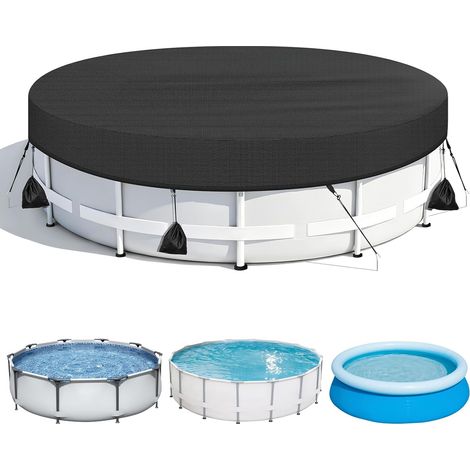 Bâche de piscine ronde de 366 cm avec cordon de serrage, sac de poids et clous de sol Bâche de piscine 420D - Coupe-vent et indéchirable - Noir (1/5)