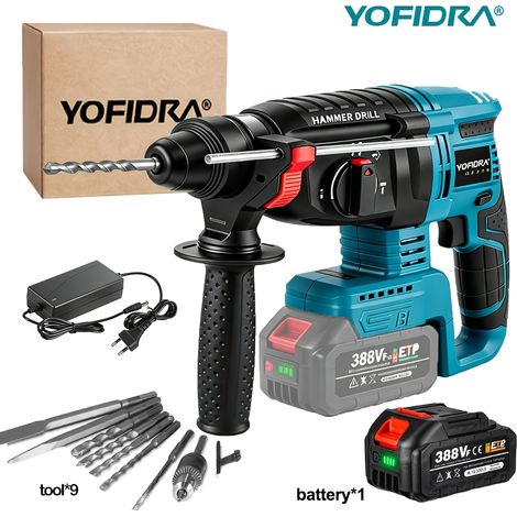 Perceuse à Percussion Électrique 26mm – Rotative 180° avec Mandrin Métallique. 4 Vitesses pour Béton et Acier. Compatible Batteries (1 batterie avec outils).