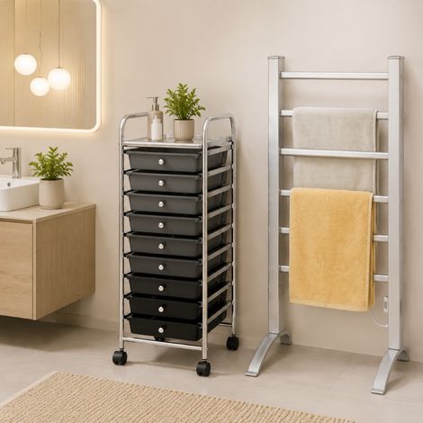 Ensemble de salle de bains chauffant 3 couleurs (3 pièces) – Miroir à LED, meuble à 10 tiroirs et sèche-serviettes à 6 barres (1/5)