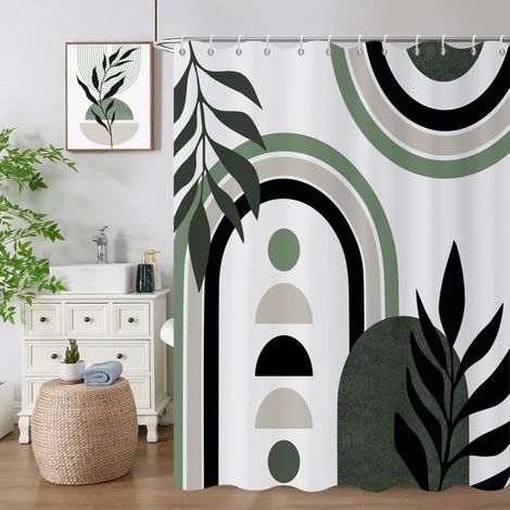 Bardusch-Rideau de douche géométrique boho 180x200 cm, vert blanc mid-century, lavable machine avec crochets (1/5)