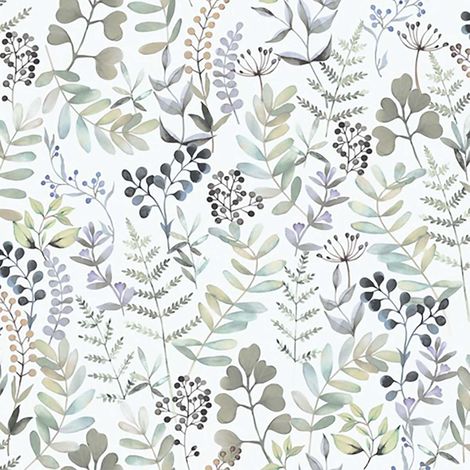Papier peint herbier aquarelle tons bleutés fond blanc (1/2)