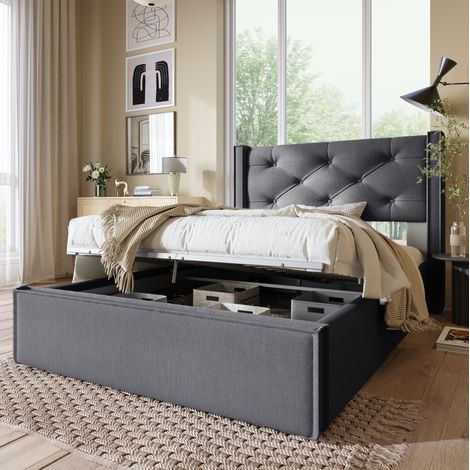 Lit rembourré rétro 90x200 cm en coton gris, avec tête de lit capitonnée, sommier à lattes et coffre relevable (1/5)