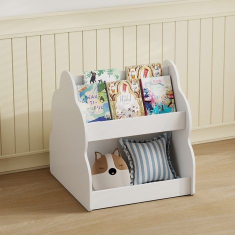 Kinderbücherregal doppelseitig mit Rollen, 4 Fächer, 54 x 50 x 56 cm, weiß OKMYHOME (1/5)