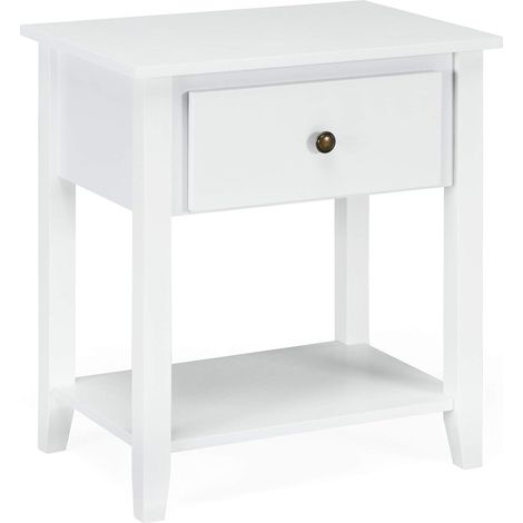 Narrow Side End Table Accent Table with 1 Drawer & Open Storage Shelf & Solid Pine Wood Legs White (1/5)