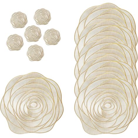 CSPARKV Juego de 12 manteles individuales de PVC dorados antideslizantes y 6 posavasos redondos con medidas lavables, manteles individuales de alta calidad, diseño floral rosa de estilo europeo, resis (1/5)