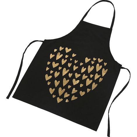Tablier de cuisine unisexe en coton noir avec motif cœur doré, sangle cou réglable et liens taille longs, protection efficace contre les taches (1/5)