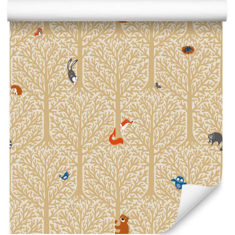 Carta da parati con animali del bosco tra gli alberi per soggiorno e camera da letto, 50x1000 cm (1/5)