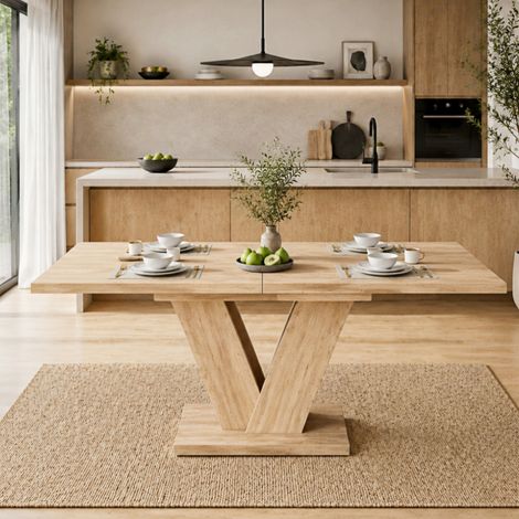 Tavolo da pranzo allungabile 140/18080 cm, adatto per 4-6 persone, tavolo rettangolare, piano rinforzato, gambe a V, stile semplice, tavolo allungabile, colore rovere. (1/5)