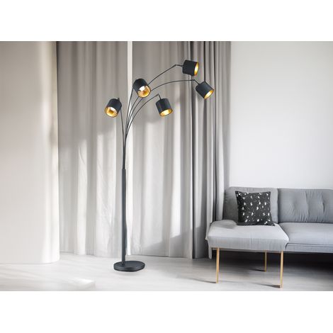 Stehlampe 5-flammig gebogen Stoffschirme Schwarz Gold mit E14 LED, Höhe 200cm (1/5)