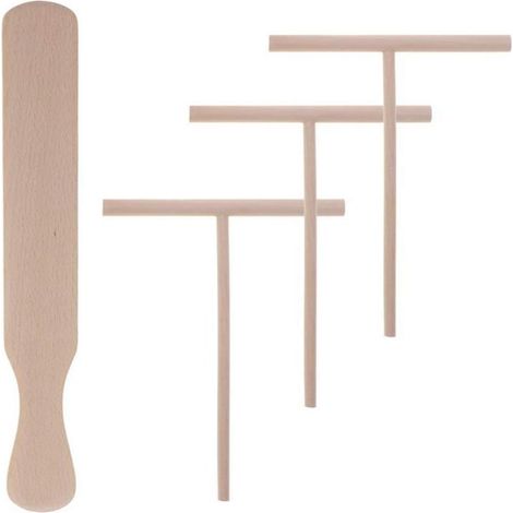 Ensemble de 4 ustensiles professionnels pour crêpes, comprenant une spatule en bois pour la préparation de la pâte à crêpes. (1/5)