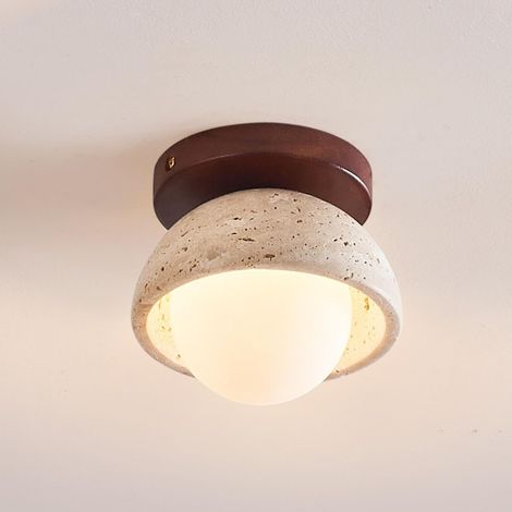 Kleine Leuchte aus Naturstein Holz und satiniertem Rundglas - Pietra