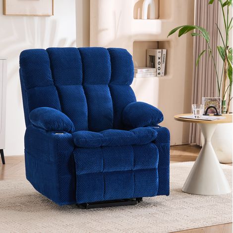 Elektrischer Relaxsessel mit Aufstehhilfe, 8-Punkt-Massage, Verstellbare Kopfstütze, Becherhalter, Flanell Blau (1/5)