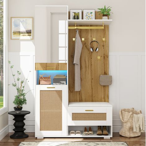 Conjunto de recibidor 110x38x190 cm blanco y madera en MDF y tablero de partículas con espejo, banco y LED (1/5)