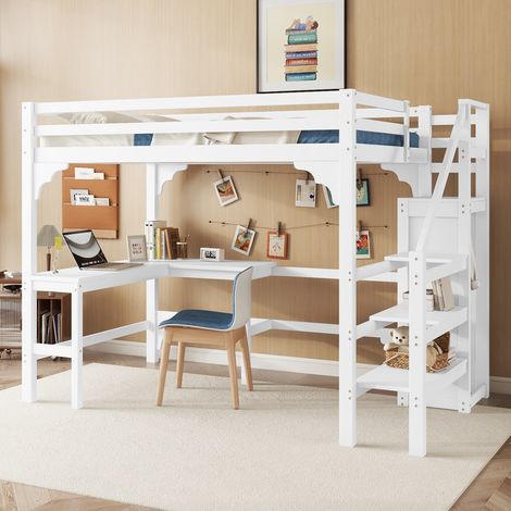 Fortuna Lai – Lit mezzanine 140x200cm – bureau en L en bois de pin et MDF – échelle de rangement et armoire ouverte – style minimaliste (1/5)