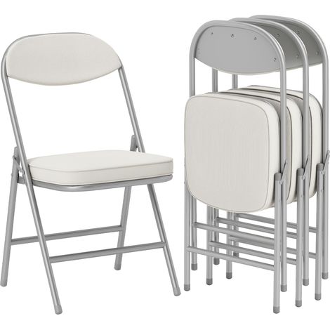 Ensemble de 4 chaises pliantes rembourrées velours côtelé blanc crème, dossier haut, structure métal (1/5)