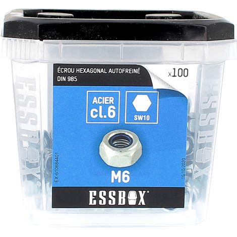 ESSBOX de 100 Écrous Nylstop M6 Acier Zingué Blanc DIN 985 (4 Plots) (1/2)