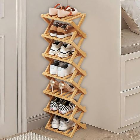 Étagère À Chaussures Pliable en Bambou 7 Niveaux Petit Meuble (1/5)