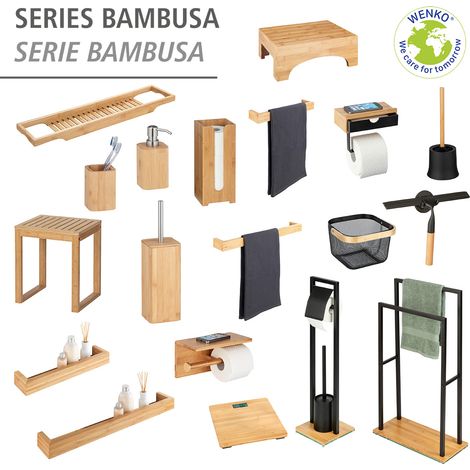WENKO Portasciugamani da parete per bagno Bambusa, Portasciugamani in legno di bambù per bagno, 60x9x5 cm, marrone