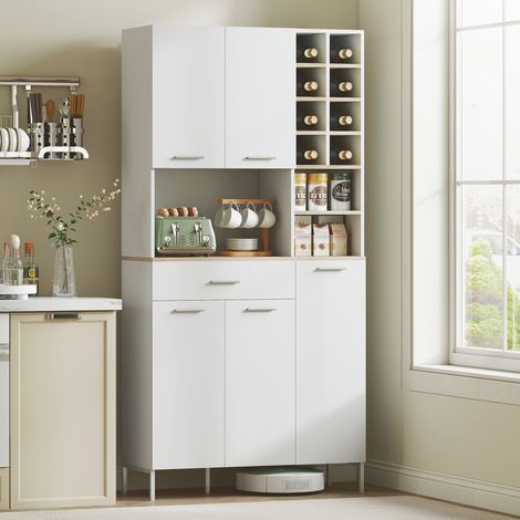 Meuble de cuisine avec étagères ouvertes, compartiments, casier à vin, armoire garde-manger à 5 portes, MDF, blanc