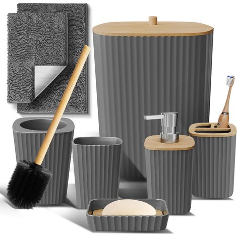 1 Ensemble Accessoires Salle De Bain, 6 Pièces, Gris, Bambou, Tapis, Brosse, Poubelle (1/5)