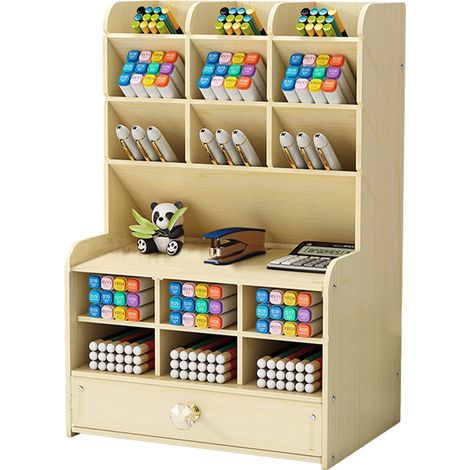 1 organiseur de bureau en bois avec tiroir, pour stylos crayons et accessoires cosmétiques, montage manuel, usage école bureau maquillage (1/5)